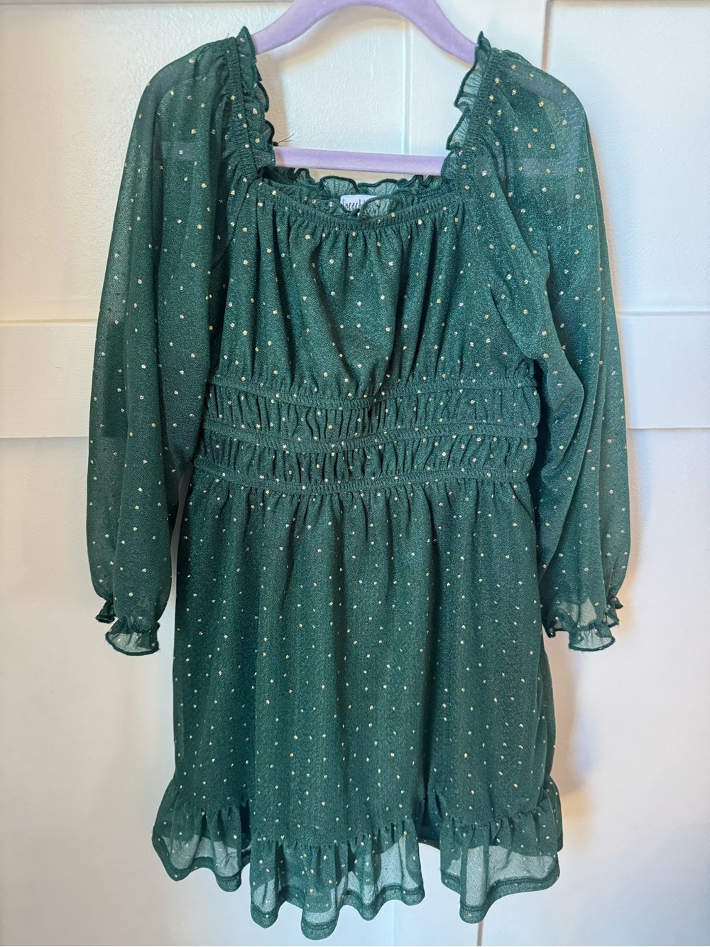 Speechless Emerald Green Long-Sleeve Smocked Waist Dress with Gold Dots